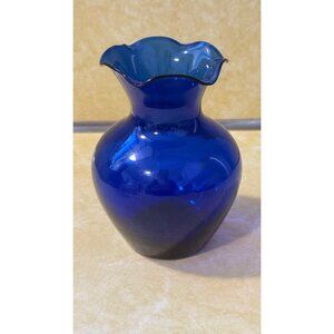 Vintage Cobalt Blue Hand Blown Glass Vase With Fluted Rim 5” tall
